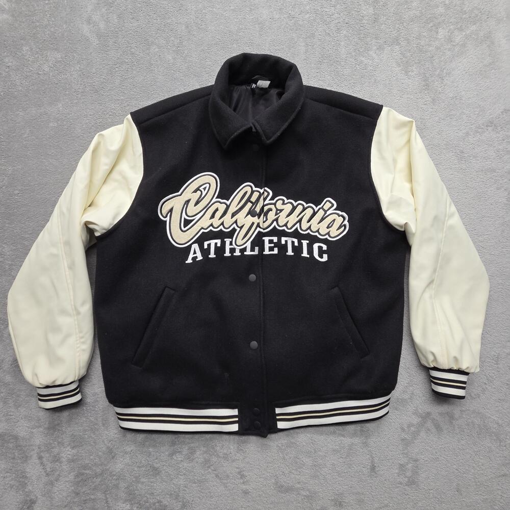 H&M Jacket Mens M Black White Varsity California Athletic Embroidered Snap
